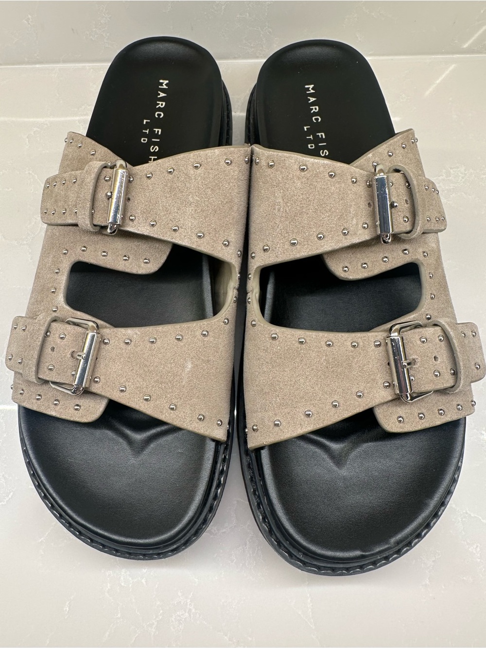 Marc Fisher LTD Agusta Studded Slide Sandals Taupe Suede Size 10